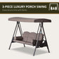 3-piece luxury porch swing with adjustable canopy, dark frame, and taupe 3-seat cushions