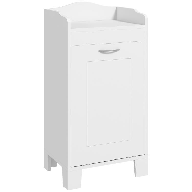 White laundry storage cabinet with curved top, drawer handle, and cabinet door