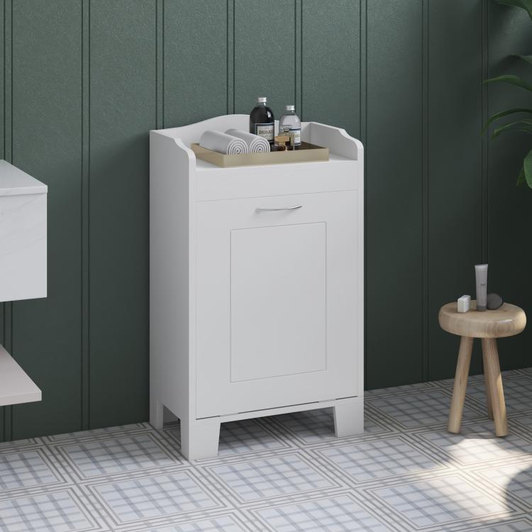 White cabinet with curved top shelf and front door; shown with bath items on top