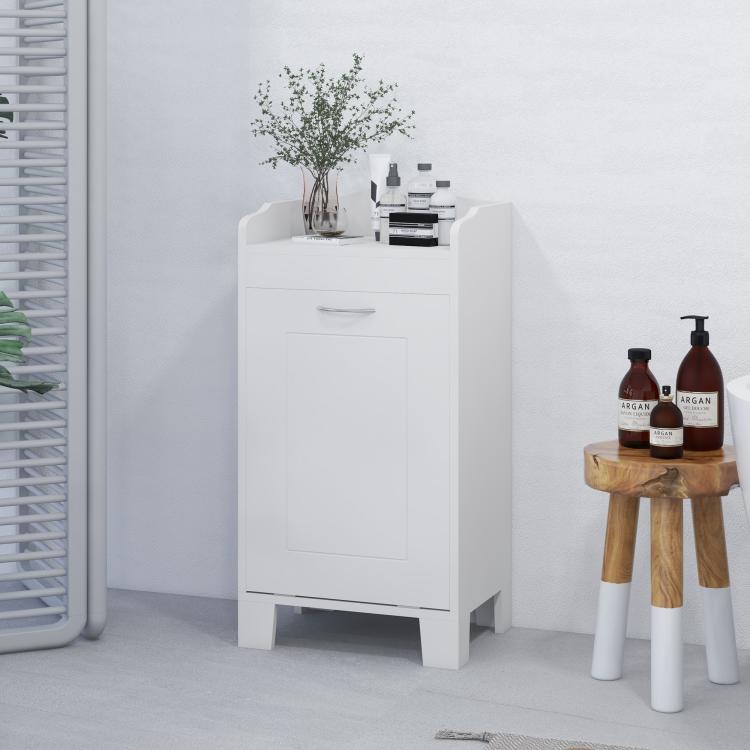 White laundry cabinet with side legs, curved shelf, and front door for storage