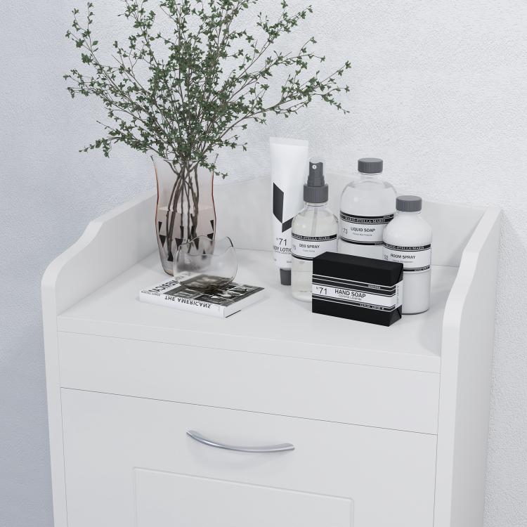 White cabinet top shelf with bottles and vase; front drawer and door storage