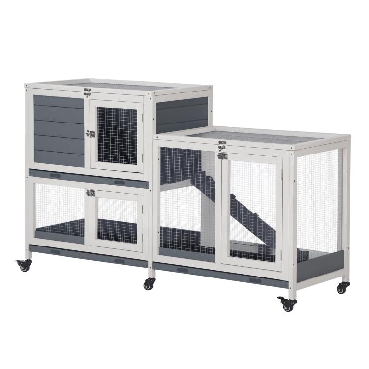Elevated small animal rabbit hutch with white frame, dark gray doors, wire mesh panels