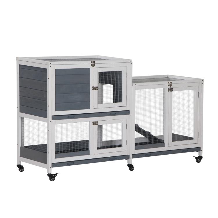 Elevated rabbit hutch with open side panel, white frame, dark gray door, wire mesh