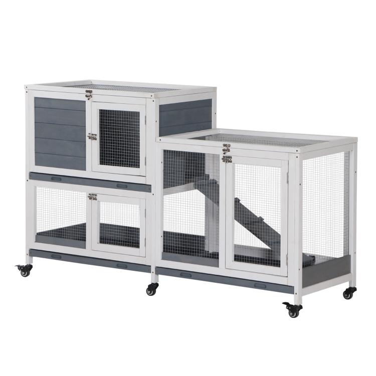 Two-level elevated rabbit hutch with white frame, wire mesh doors and wheels