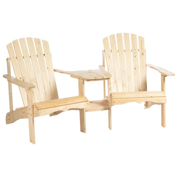 Pair of natural wooden Adirondack chairs with center table between, umbrella hole