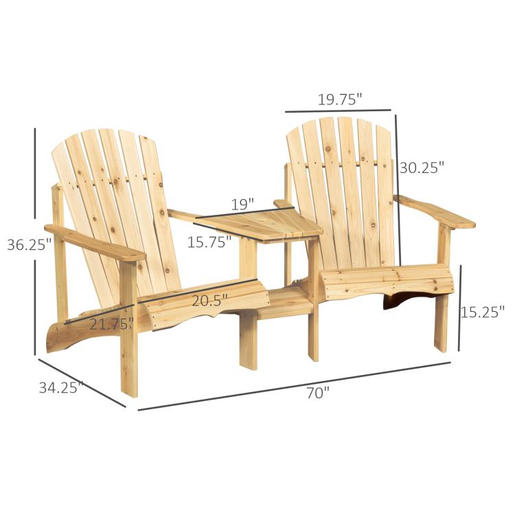 Natural wood two-person Adirondack bench layout with center table and side dimensions.
