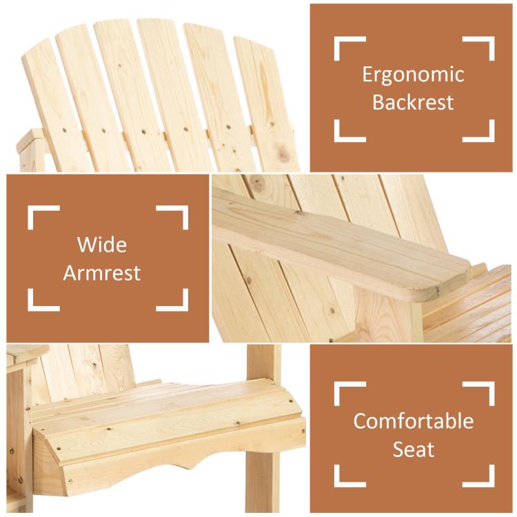 Natural wood Adirondack bench with wide armrests and slatted backrests.