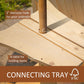 Close-up of natural wood umbrella hole and connecting tray on two-person Adirondack bench.