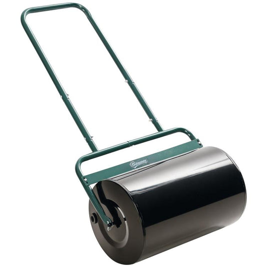 Dark green push/tow lawn roller with black steel drum and U-shaped handle