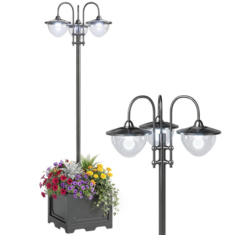 Three-head solar lamp post light with frosted glass shades, dark pole, and planter base