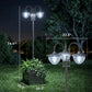 Three-head solar lamp post light with three frosted glass bulbs and planter base