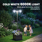 Three-head solar lamp post light with glowing frosted glass shades and flower planter