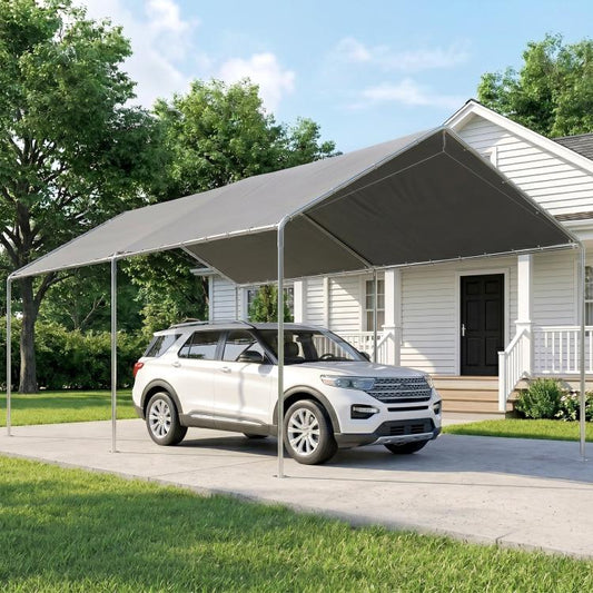 Gray carport canopy shelter with open sides over a parked car in a yard