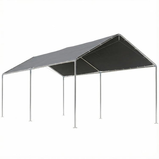 Gray heavy-duty galvanized carport canopy with steel frame and open sides
