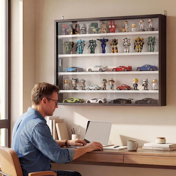 Black wall-mounted display cabinet with glass doors and five adjustable shelves