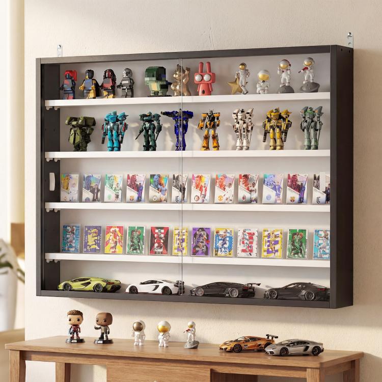 Black wall-mounted display cabinet with two glass doors and adjustable shelves, figurines and cars.