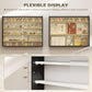 Black wall-mounted display cabinet showing adjustable shelves with interior compartments and ornaments.
