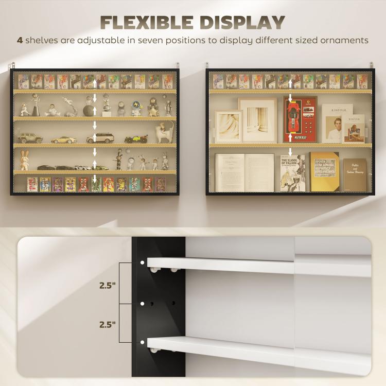 Black wall-mounted display cabinet showing adjustable shelves with interior compartments and ornaments.