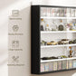 Black wall-mounted display cabinet shown in a corner with glass door and figurines inside.