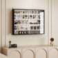 Black wall-mounted display cabinet with glass doors displaying figurines on adjustable shelves.