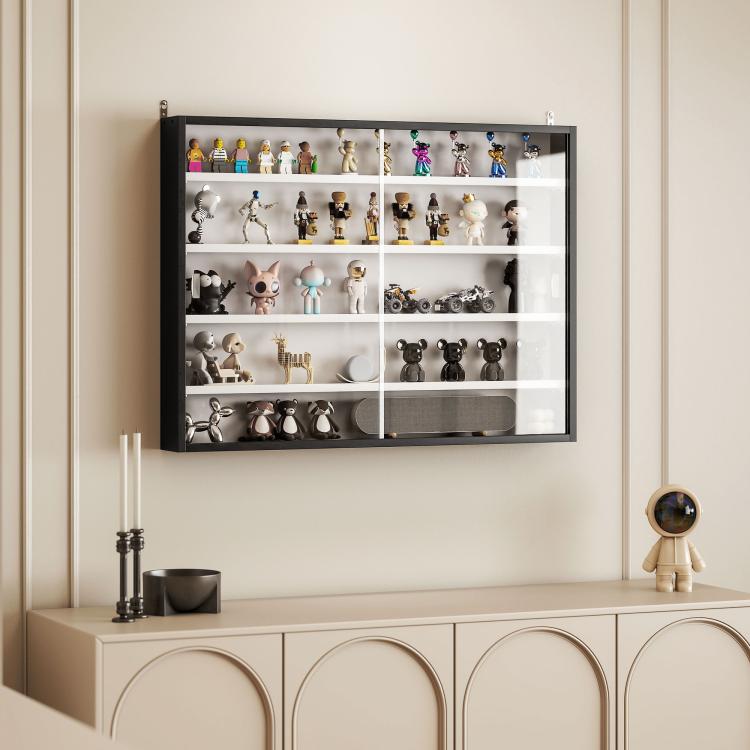 Black wall-mounted display cabinet with glass doors displaying figurines on adjustable shelves.