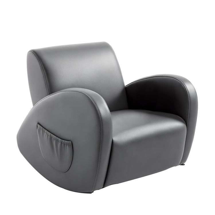 Grey kids rocking armchair with rounded arms and side pocket, PU leather style