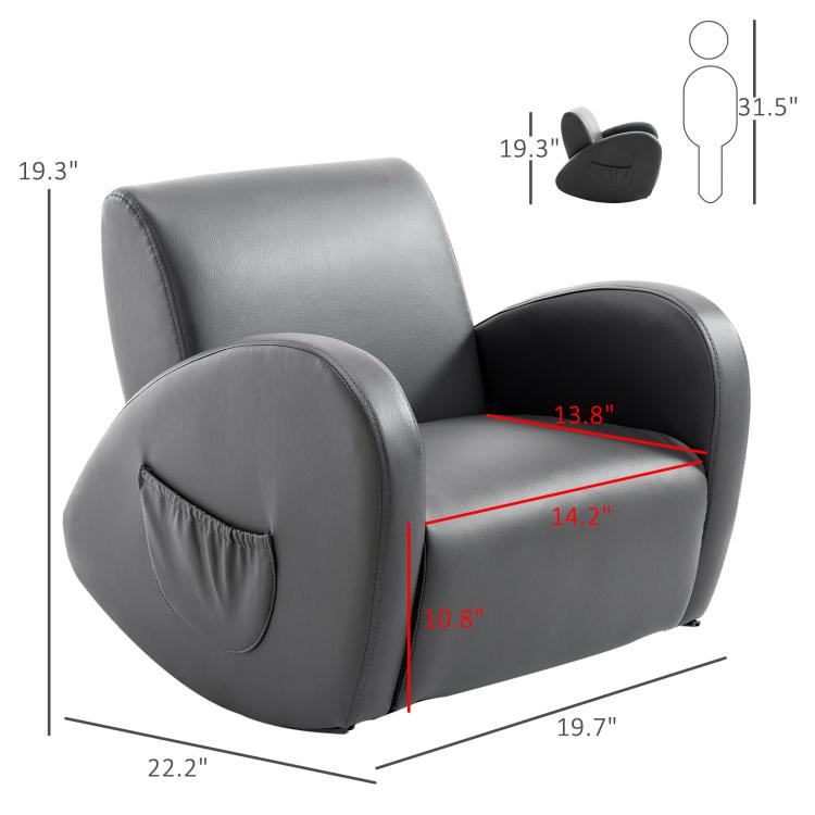 Grey kids rocking chair, rounded armrest design with side pocket detail