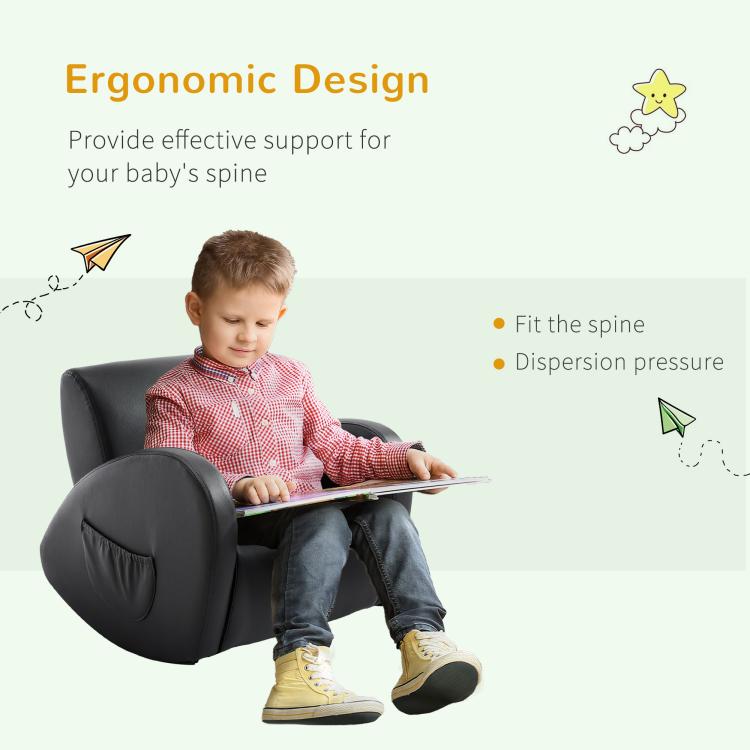 Grey PU leather kids rocking chair with side pocket, toddler seated and writing