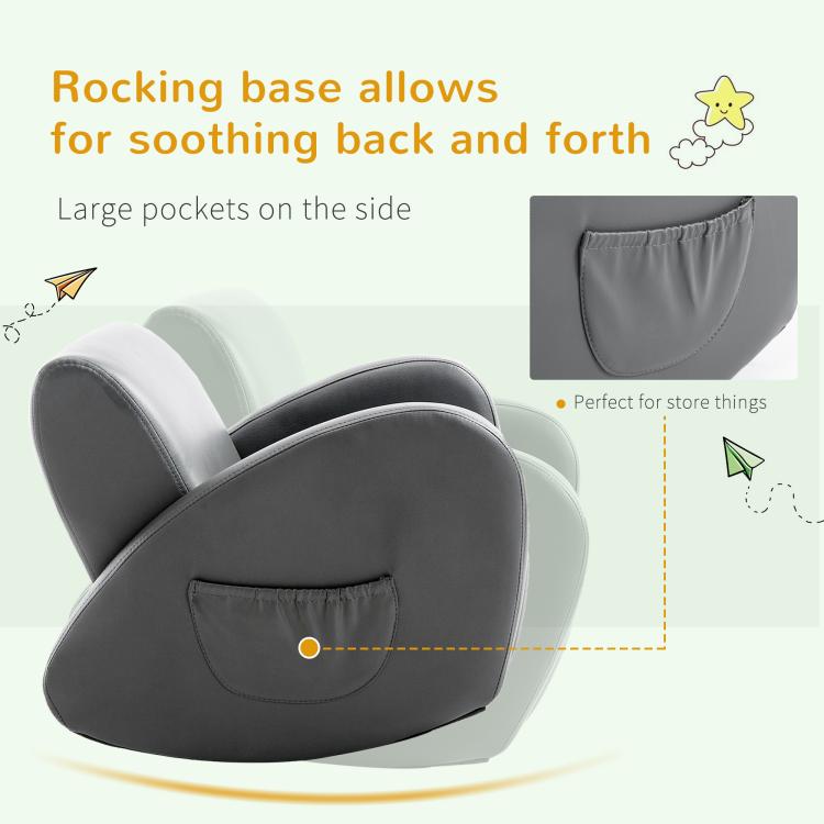 Grey rocking base toddler chair with side pocket panel on the arm