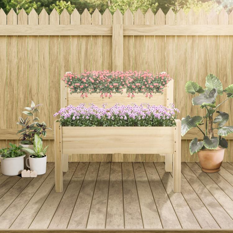 Two-tier wooden raised garden bed with three flower rows and potted plants