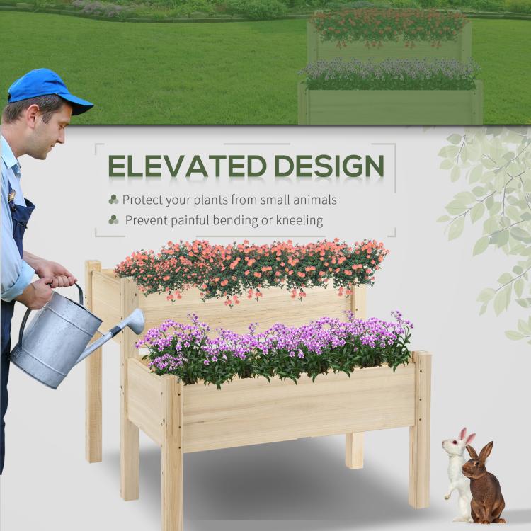 Two-tier raised wooden planter stand with flowering plants and watering can
