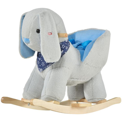 Plush bunny rocking horse ride-on toy with blue saddle and wooden rocking base