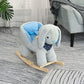 Plush bunny rocking horse toy with blue padded seat and wooden rocking base