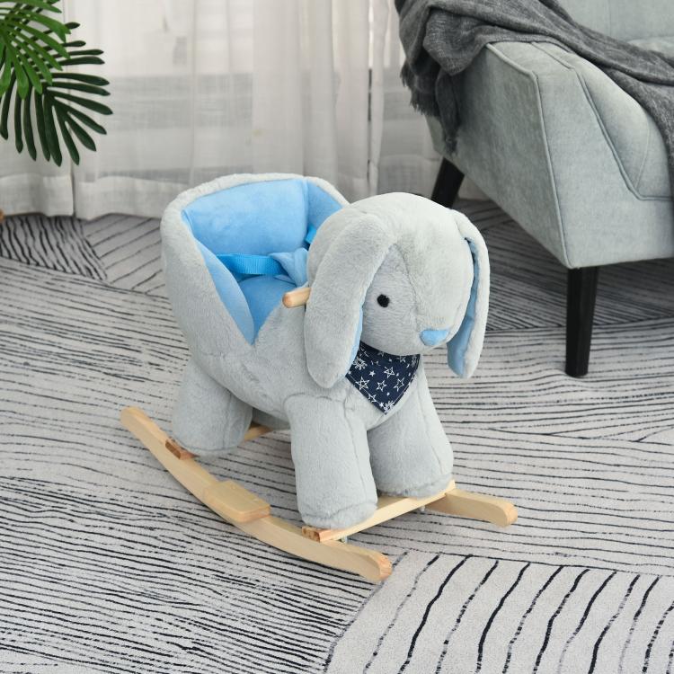 Plush bunny rocking horse toy with blue padded seat and wooden rocking base