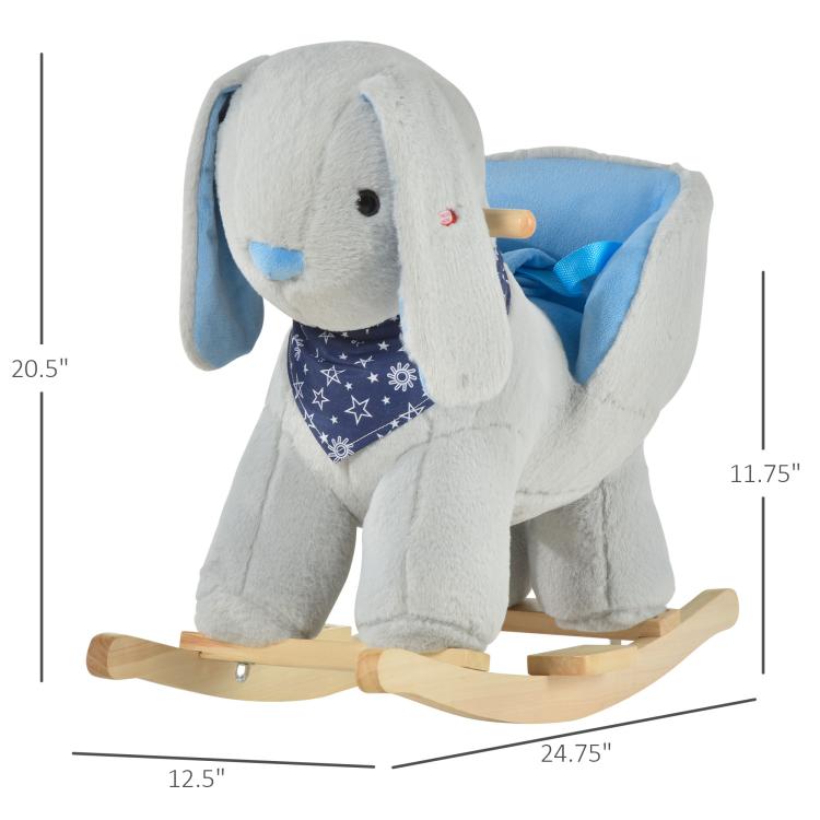 Plush bunny rocking horse toy showing full body with blue saddle and wooden rocking base