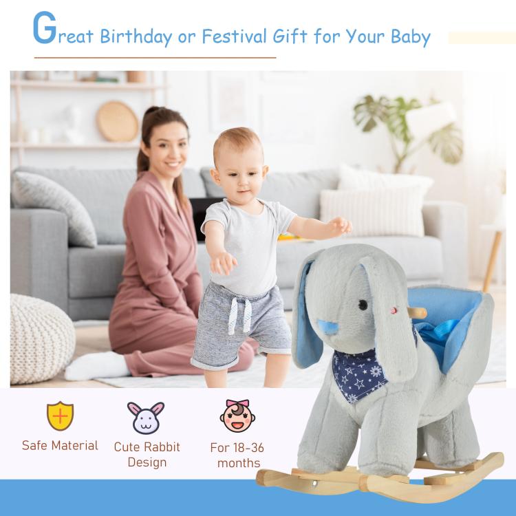 Plush bunny rocking horse toy with baby standing and wooden rockers, blue padded seat