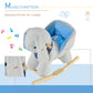 Plush bunny rocking horse toy with blue seat and press-ear music feature on wooden rockers