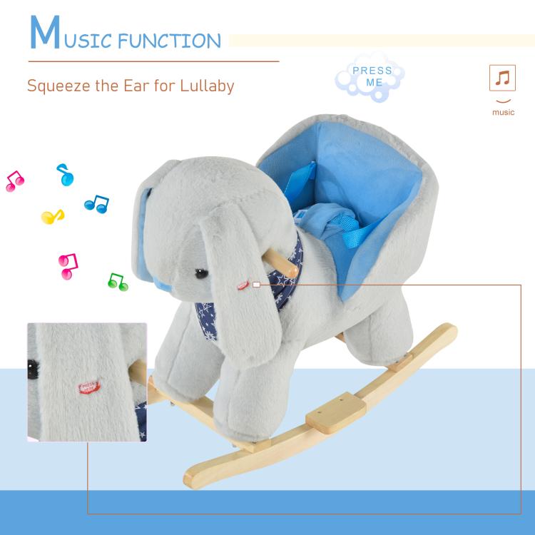 Plush bunny rocking horse toy with blue seat and press-ear music feature on wooden rockers