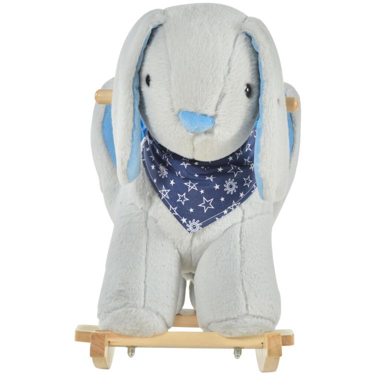 Plush bunny rocking horse toy close-up with blue bib and soft floppy ears