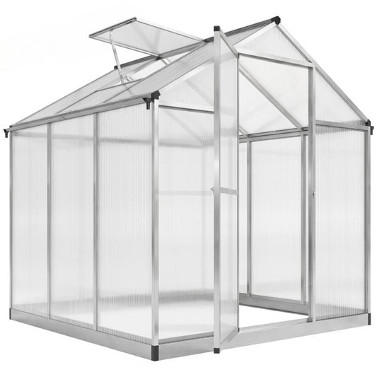 Greenhouse with clear polycarbonate walls, metal frame, hinged front door, roof vent