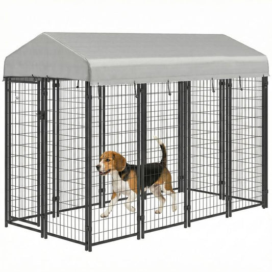 Outdoor dog kennel with gray roof and black wire mesh panels, front view
