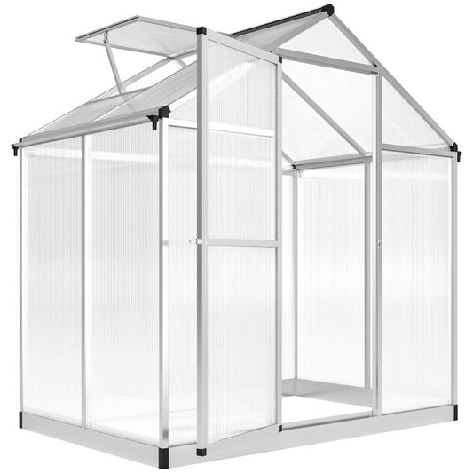 Walk-in polycarbonate greenhouse with hinged door and roof vent, clear panels, metal frame