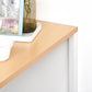 Counter-height dining table with light wood top and white side frame, open shelf detail