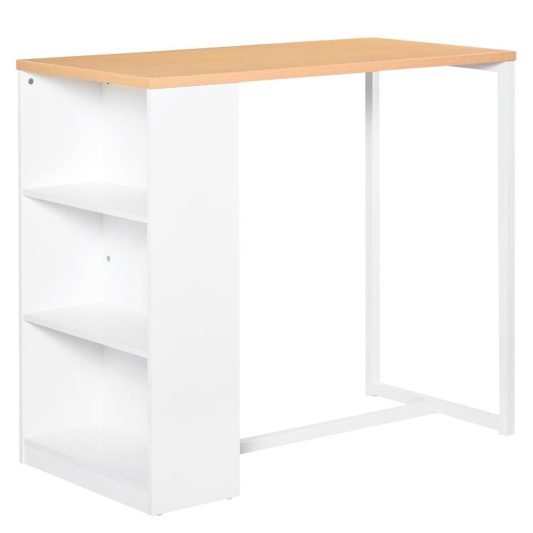 Counter-height bar table with light wood top and white open storage shelves on side