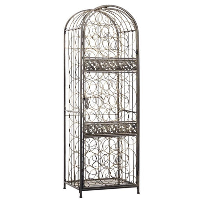 Antique bronze wrought-iron wine bottle rack with arched cage and front decorative bars