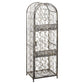 Antique bronze wrought-iron wine bottle rack with arched front cage and decorative scrollwork