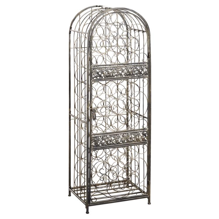 Antique bronze wrought-iron wine bottle rack with arched front cage and decorative scrollwork