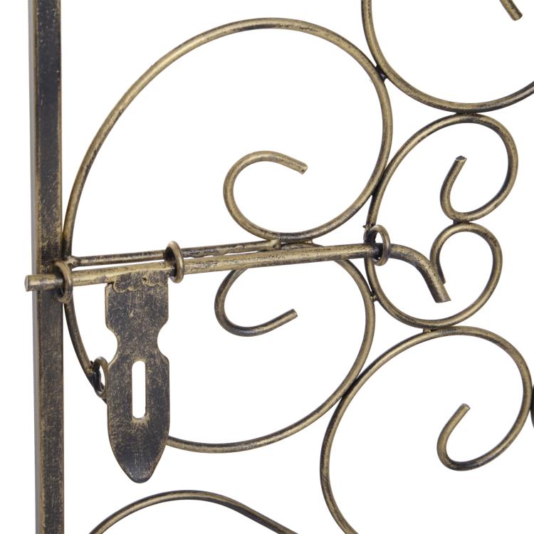 Antique bronze wrought iron wine rack with lock, decorative circular bars and latch