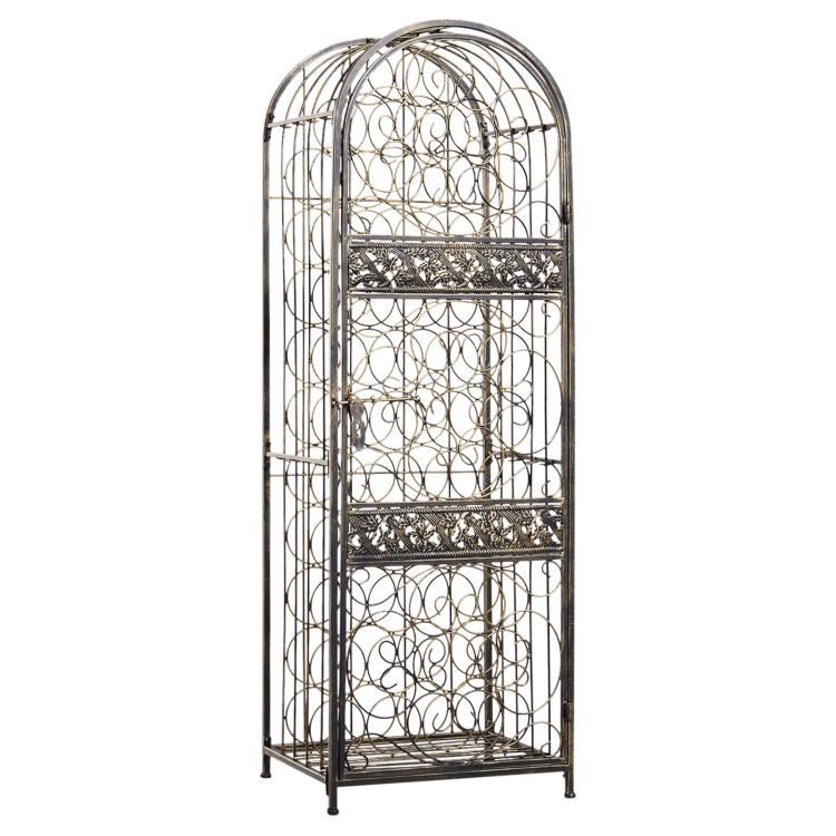 Antique bronze wrought iron wine rack jail-style with lock, freestanding bottle cage