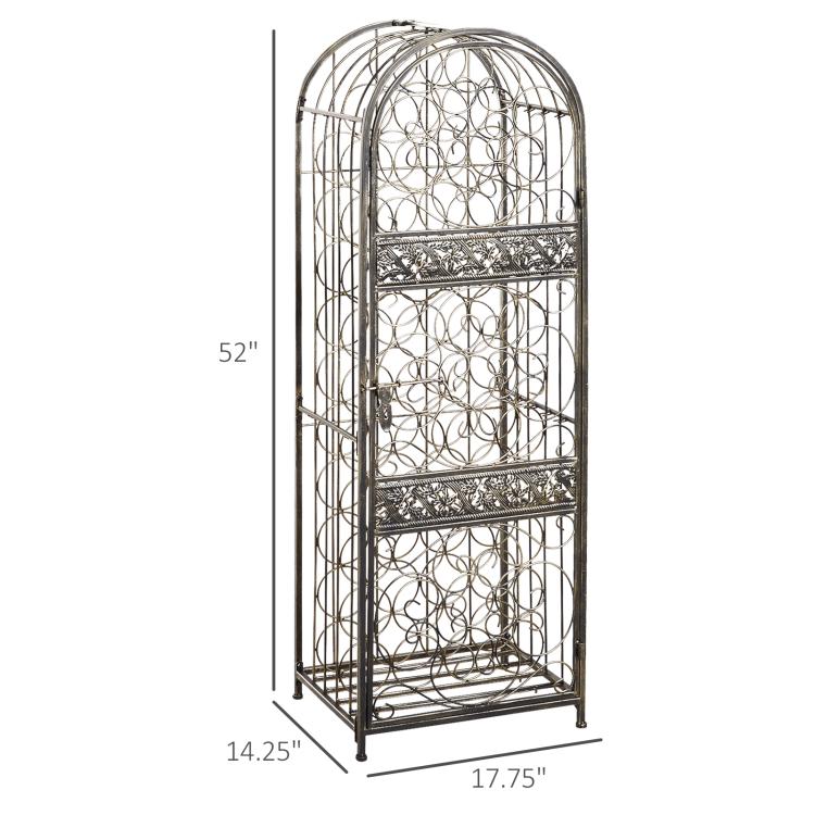 Antique bronze wrought-iron wine bottle rack with arched top and decorative front bars
